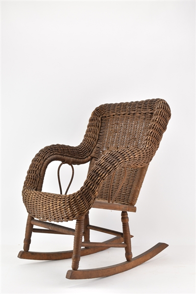 Vintage Wood and Wicker Child Rocking Chair