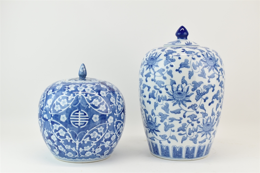 Two Blue & White Asian Ginger Jar Vases