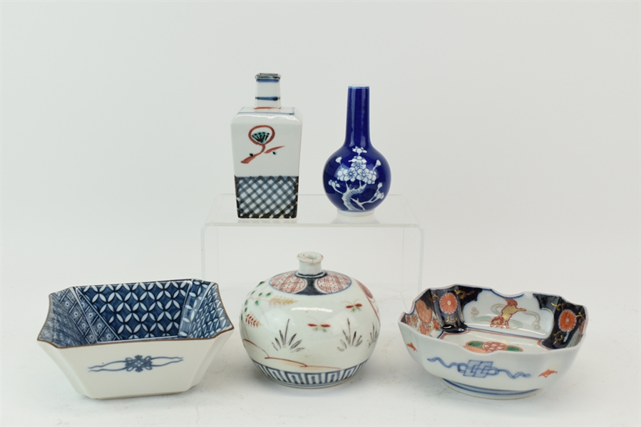 Three Chinese Bud Vases and Two Pin Trays