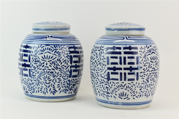 Pair Asian Blue & White Covered Ginger Jars 