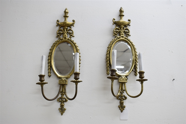 Pair of Brass Mirrored Two-Light Wall Sconces