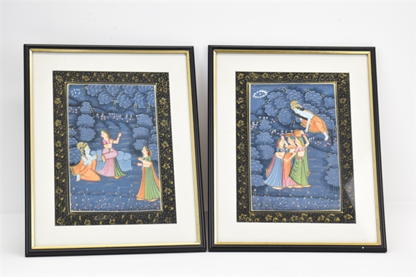 Pair Vintage Framed Indian Paintings on Fabric