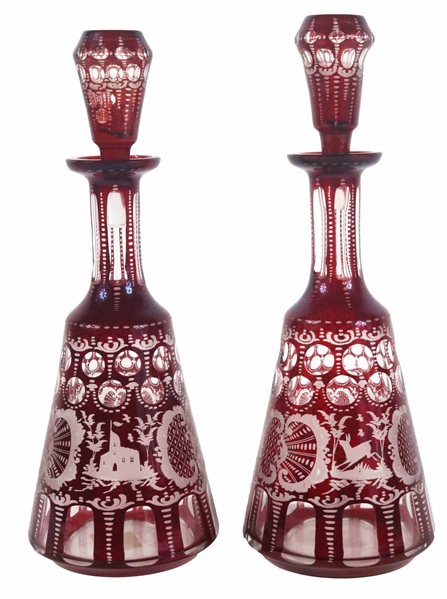 Pair of Ruby Cut to Clear Glass Decanters
