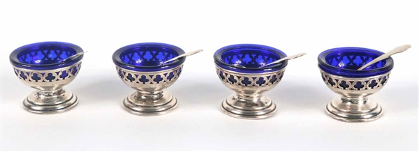 Four Cobalt-Lined Sterling Footed Salts