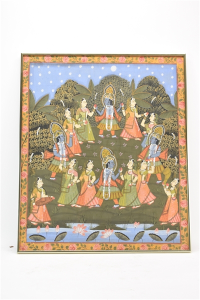 Vintage Indian Krishna and Gopis Painting