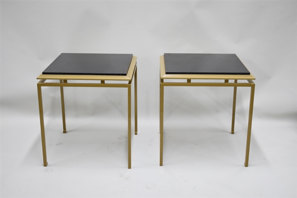 Pair Modern Black Stone and Steel End Tables