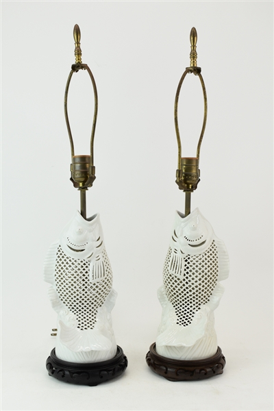 Pair White Koi Fish Table Lamps Carved Wood Bases