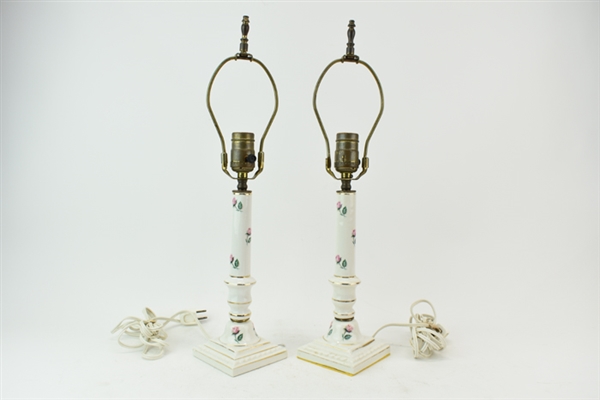 Pair Floral Decorated Candlestick Table Lamps
