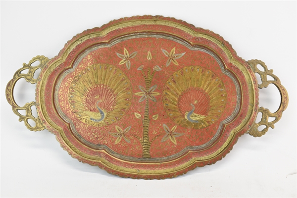 Vintage Painted Brass Tray with Peacock Motif