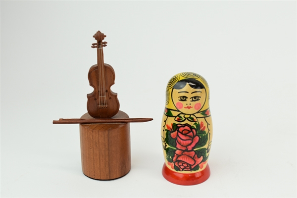 Vintage Nesting Doll and Wood Carved Violin