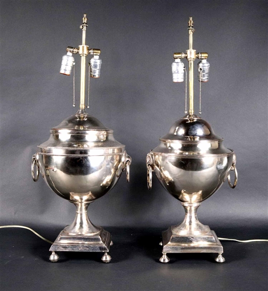 Near Pair of Silver Plated Urns