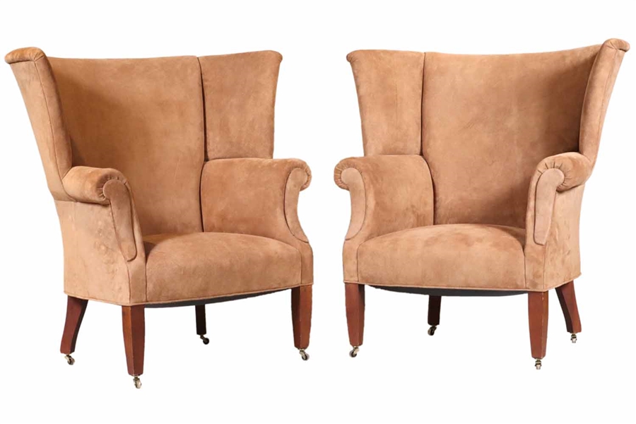 Pair of Contemporary Brown Suede Wing Chairs