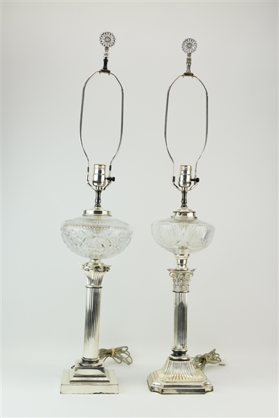Two Glass Crystal Silverplated Column Table Lamps