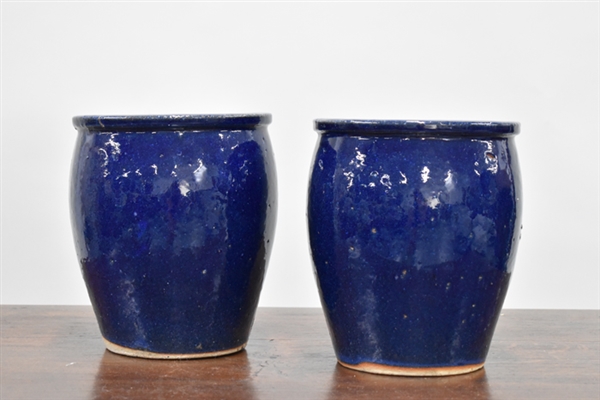 Pair of Vintage Blue Glazed Art Pottery Planters