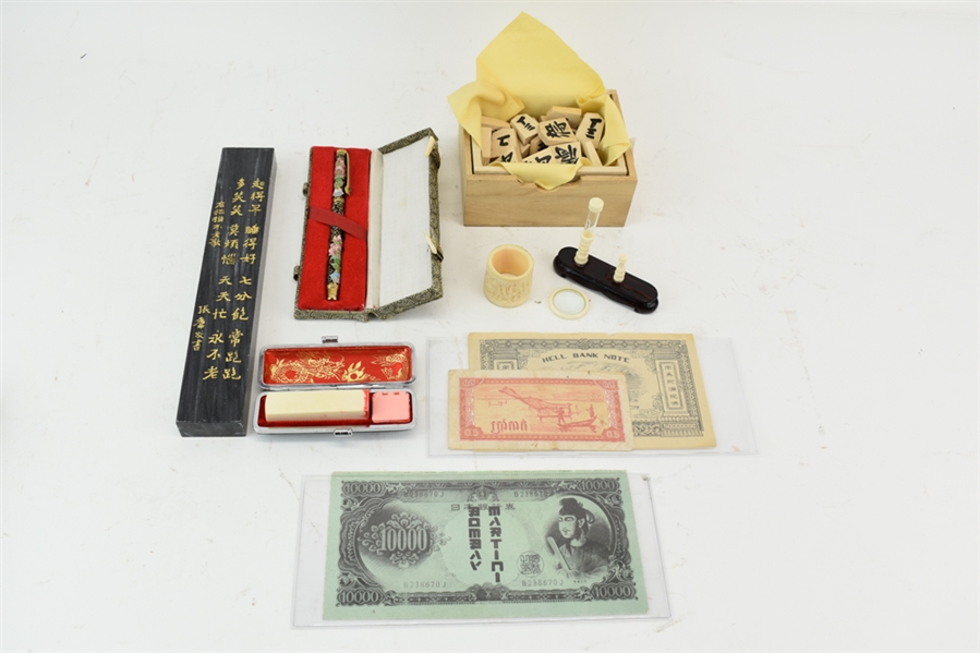 Group of Asian Currency & Desk Items