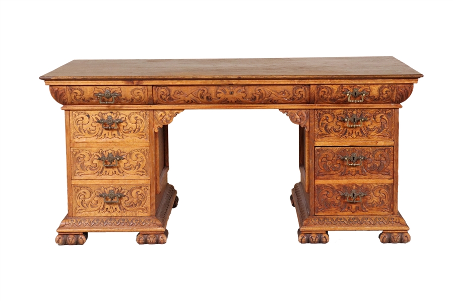 Renaissance Revival Carved Oak Partners Desk