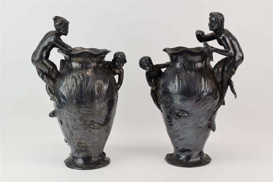 Two Art Nouveau Mermaid & Merman Vases
