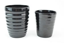 Two Glossy Black Ribbed Ceramic Flower Pots