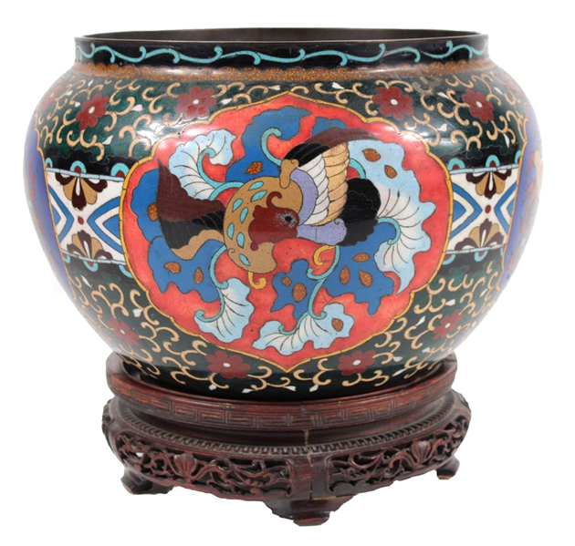 Chinese Cloisonne Bowl on Hardwood Stand