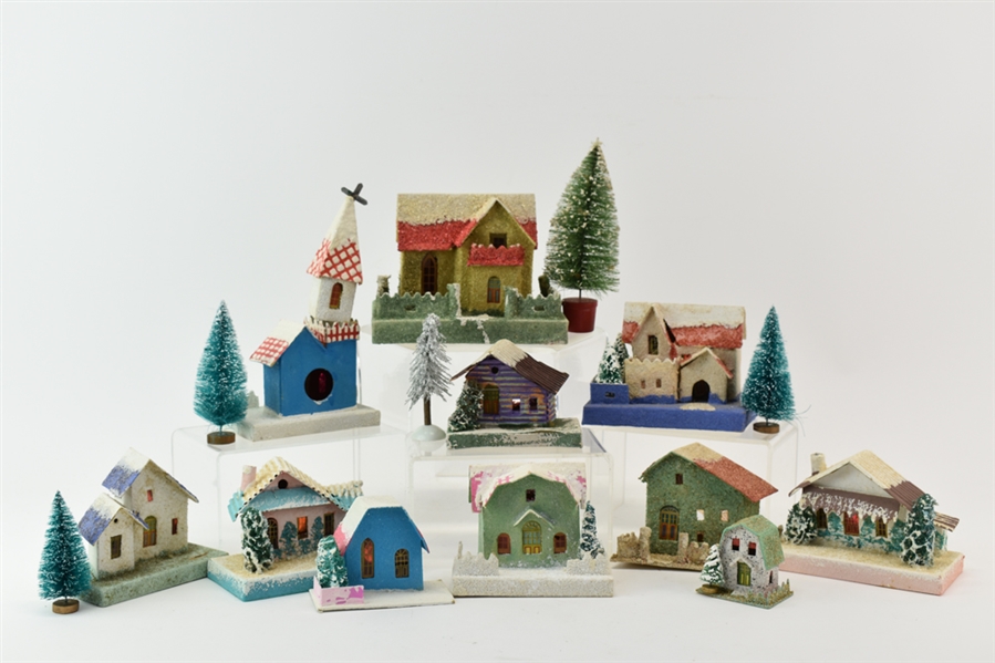 Group of 11 Assorted Vintage Putz Christmas House