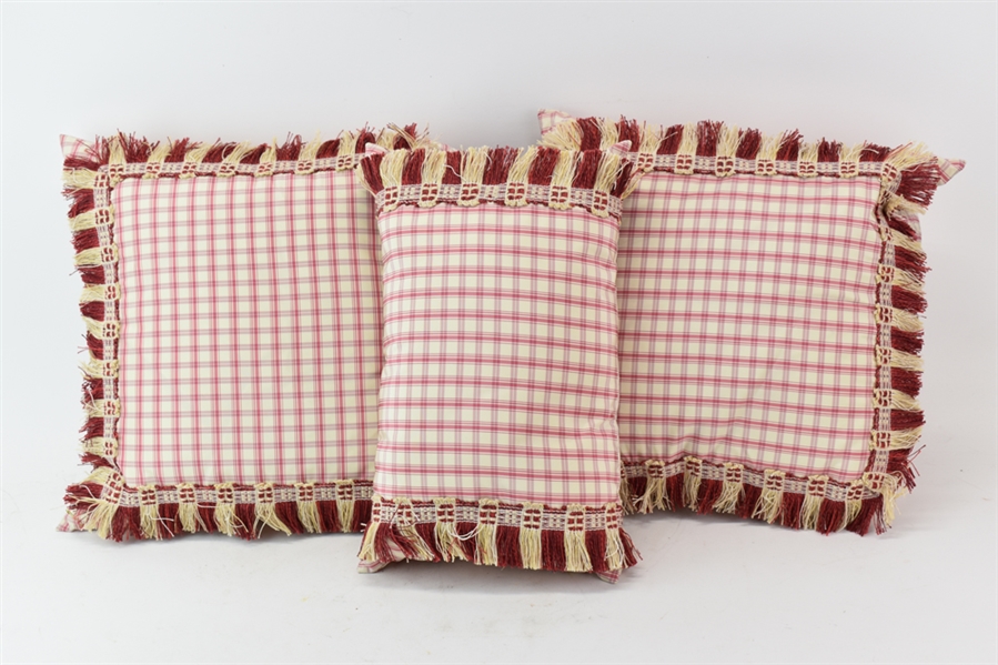 Three Red & Cream Plaid with Fringe Pillows
