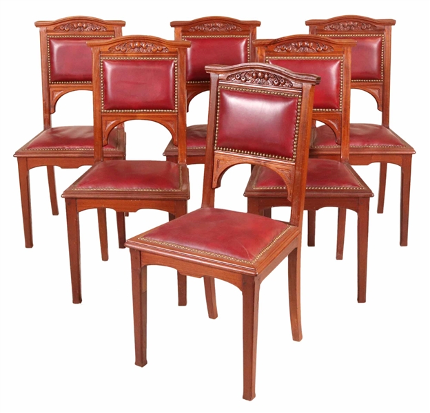 Six Art Nouveau Carved Mahogany Dining Chairs 