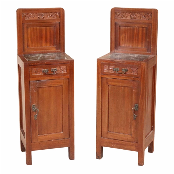 Pair of Art Nouveau Marble Top Side Cabinets 