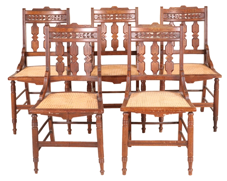 Five Eastlake Walnut Caned Seat Side Chairs