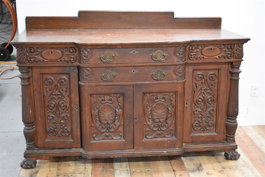 Antique Carved Oak Sideboard Serving Cabinet