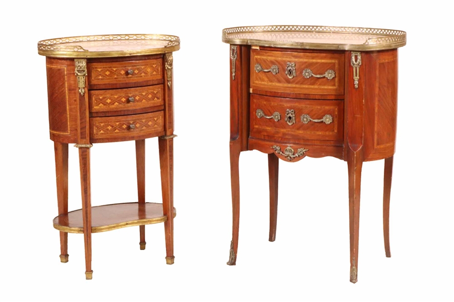Two Louis Style Marble Top Inlaid Mahogany Stands
