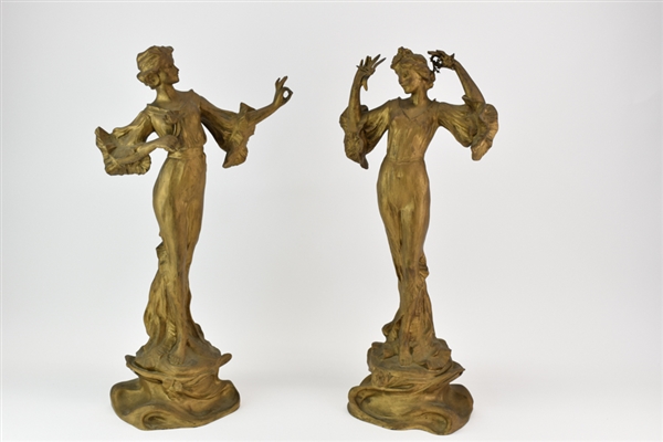 Pair Art Nouveau Patinated Metal Female Figures