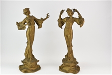 Pair Art Nouveau Patinated Metal Female Figures