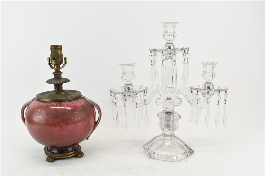 Glass Crystal Candelabra & Art Pottery Table Lamp