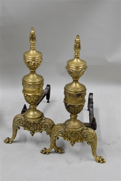Paw Footed Brass Urn Form Fireplace Andirons