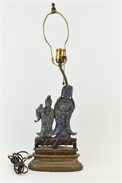 Carved Asian Lapis Lazuli Figural Sculpture Lamp