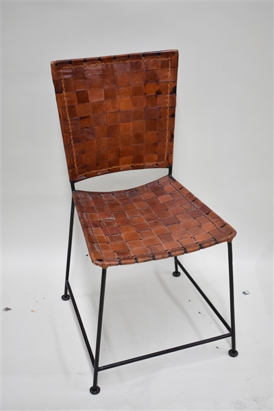 Modern Leather Woven and Iron Side Chair