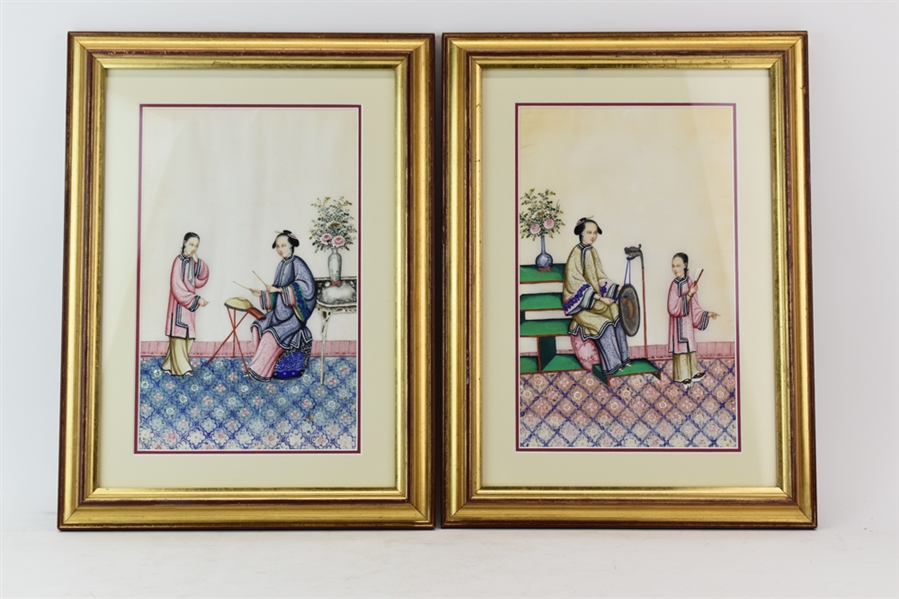 Set of Two Framed Asian Watercolors on Rice Paper