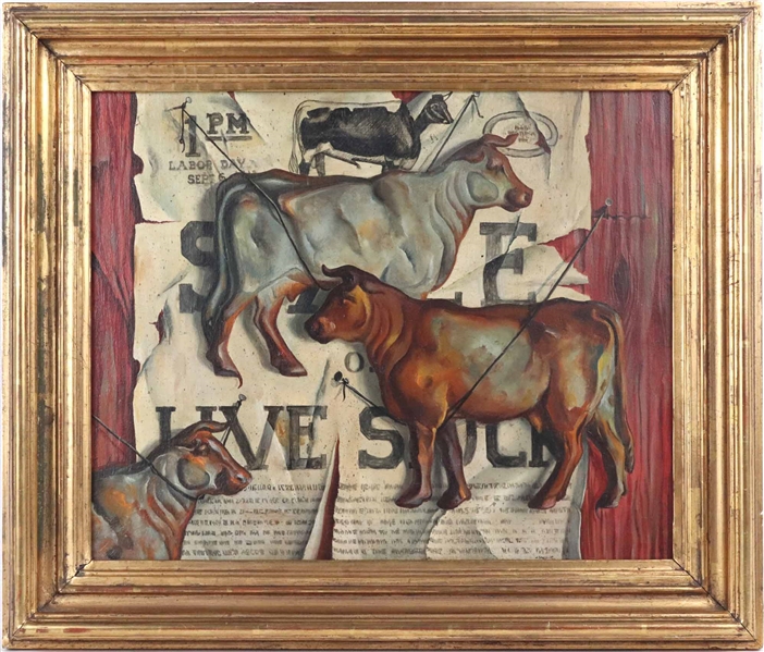 John Oliver Sharp, Oil on Canvas, Cows on Sign