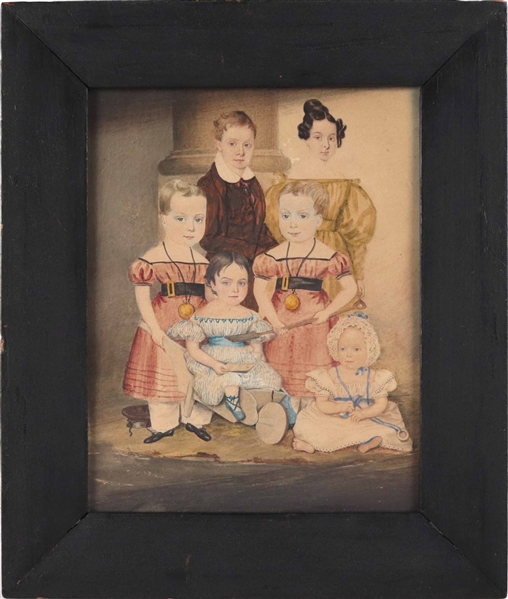 Watercolor, Folk Art Portrait of Six Children