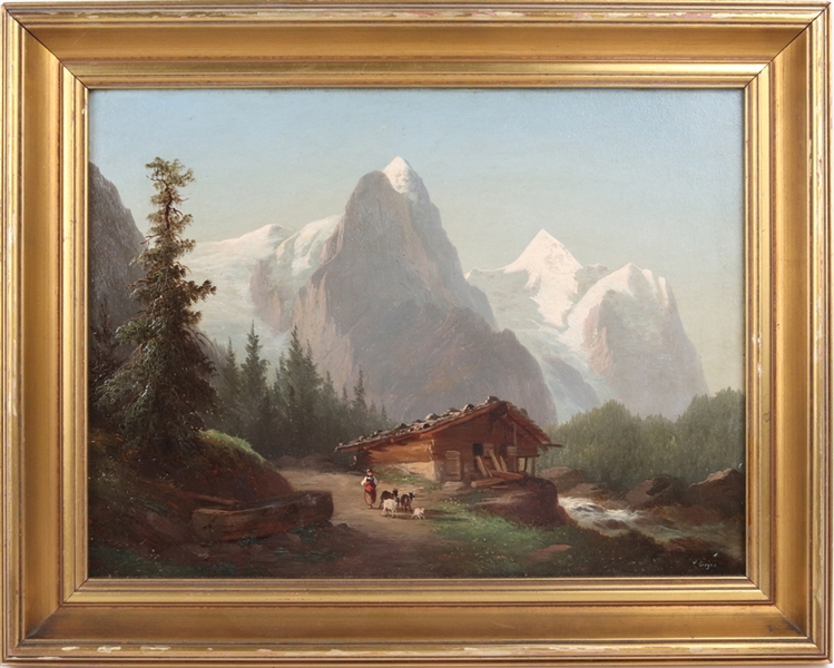 Oil on Board, Alpine Landscape with Goatherd