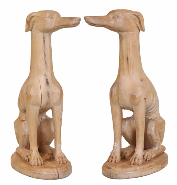 Pair of Carved Pine Whippet Statues