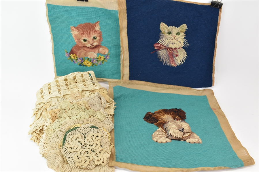 Three Needlepoints and Various Crocheted Pieces