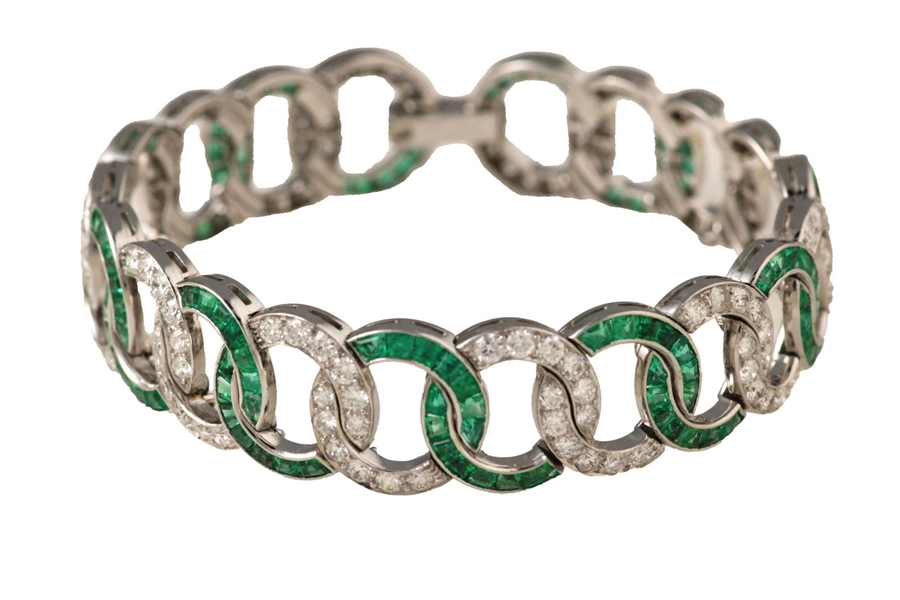 Art Deco Diamond Emerald Circle Link Bracelet
