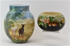 Handpainted Landscape Milk Glass Vase 