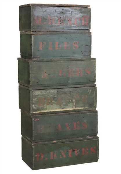 Six Painted Carpenters Boxes