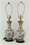 Pair of Famille Rose Style Urns Mounted as Lamps