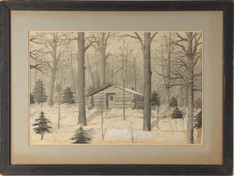 Illustration, Log Cabin in Winter Woods