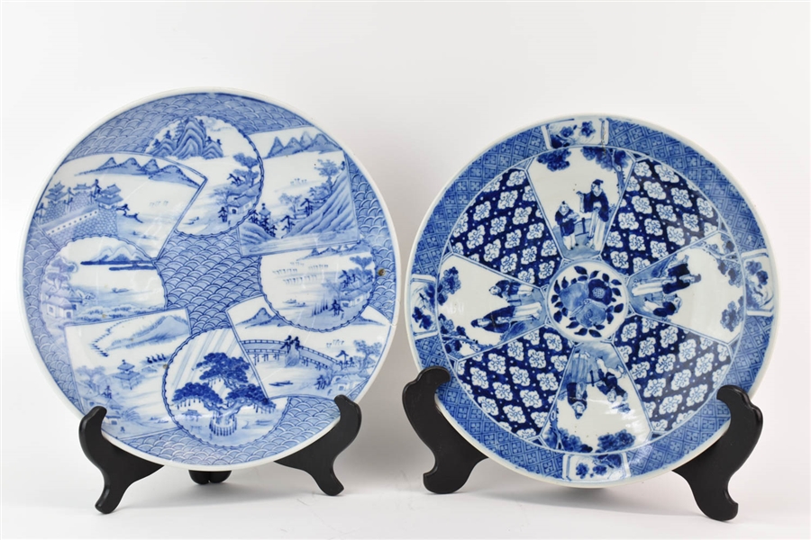 Two Asian Blue and White Decorated Chargers