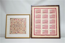 Framed Antique Embroidery on Linen and Flag Quilt