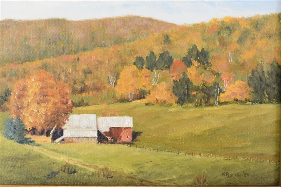 N. Ross Framed Oil on Canvas, Fall Farm Scene